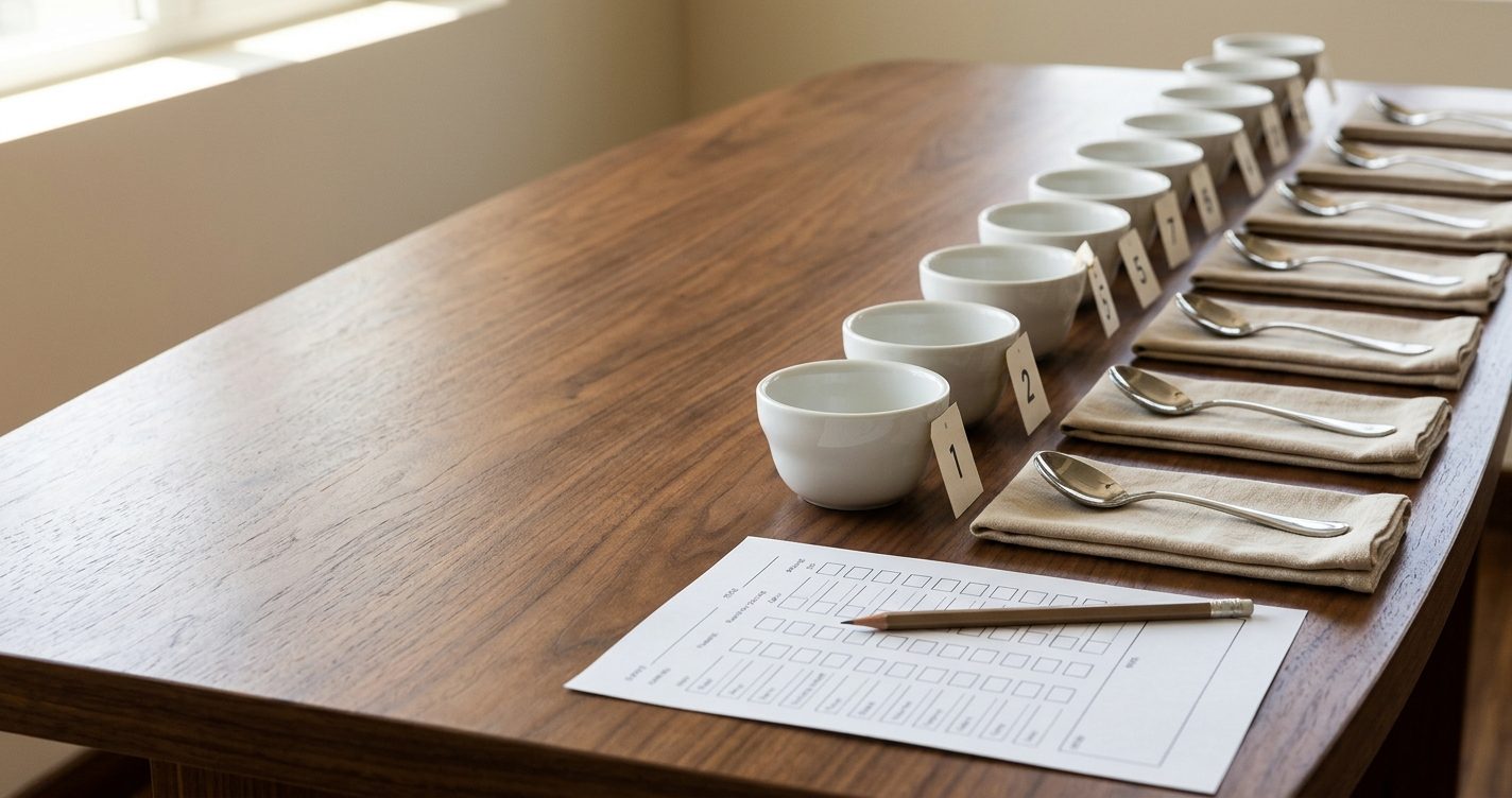 A row of numbered white cups on a wooden table, each with a spoon and a napkin, next to a gridded scoring sheet and a pencil.