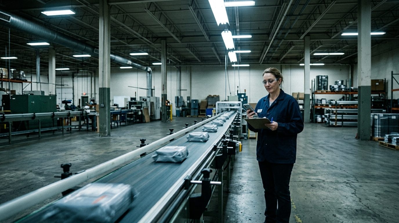 A female inspector holding a clipboard and a phone, standing beside a conveyor belt loaded with parcels, in an almost empty industrial warehouse.